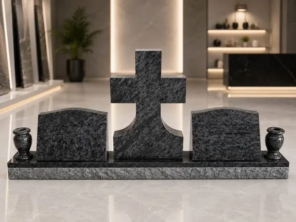 Serpentine-top monument with cross and vases
